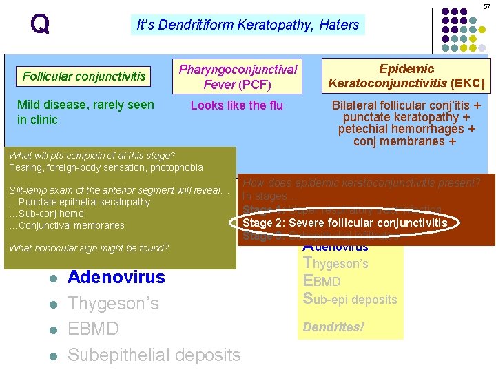 57 Q It’s Dendritiform Keratopathy, Haters Pharyngoconjunctival Dendritiform keratopathy: DDx Epidemic Keratoconjunctivitis (EKC) Fever