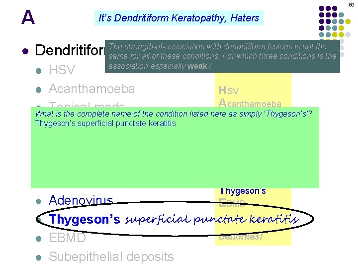 A l 60 It’s Dendritiform Keratopathy, Haters The strength-of-association with dendritiform lesions is not