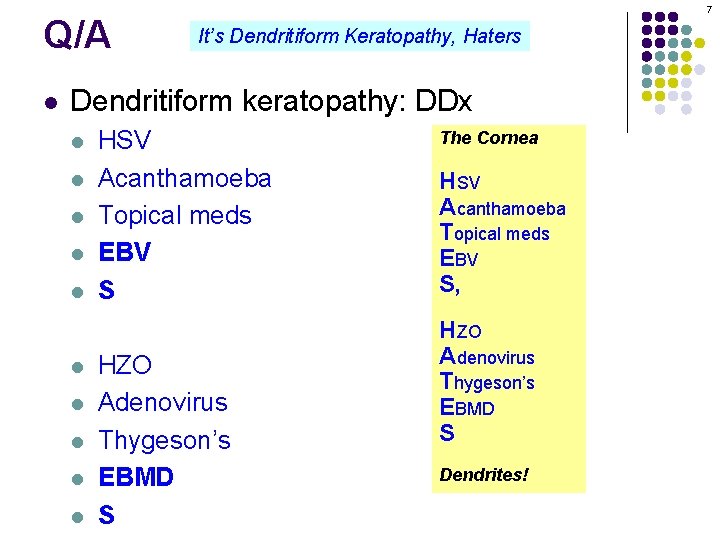 Q/A l 7 It’s Dendritiform Keratopathy, Haters Dendritiform keratopathy: DDx l l l l