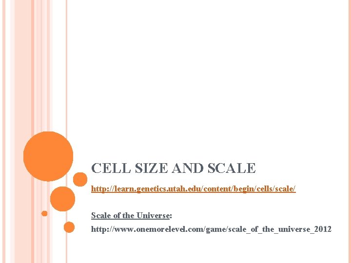 CELL SIZE AND SCALE http: //learn. genetics. utah. edu/content/begin/cells/scale/ Scale of the Universe: http: CELL SIZE AND SCALE http: //learn. genetics. utah. edu/content/begin/cells/scale/ Scale of the Universe: http: