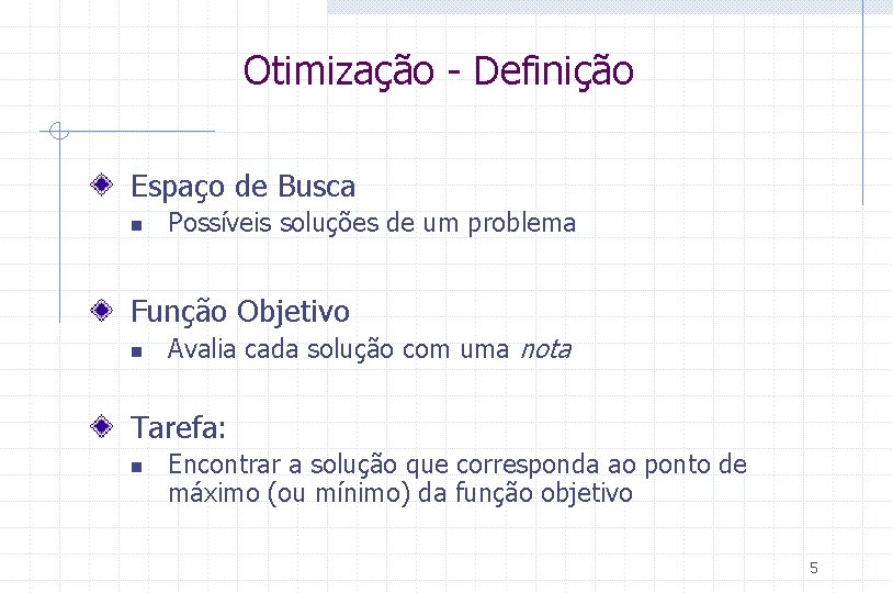 Otimização - Definição Espaço de Busca n Possíveis soluções de um problema Função Objetivo