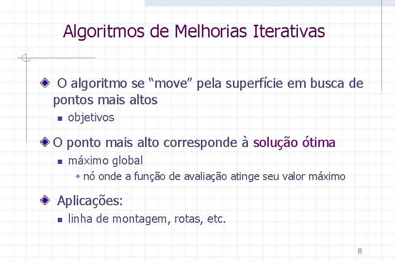 Algoritmos de Melhorias Iterativas O algoritmo se “move” pela superfície em busca de pontos