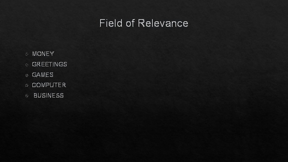 Field of Relevance MONEY GREETINGS GAMES COMPUTER BUSINESS 