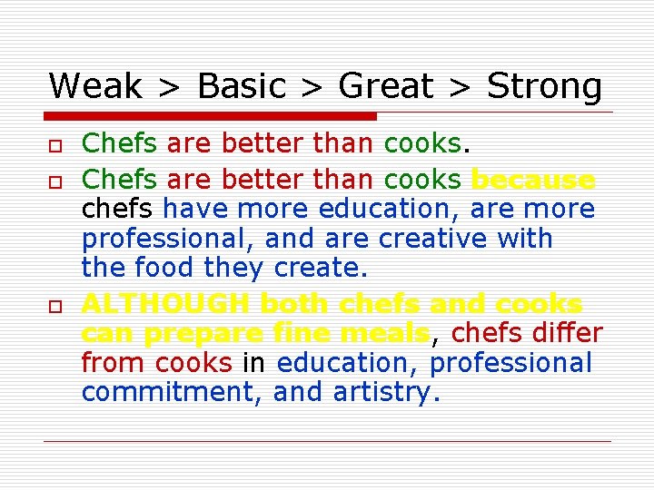 Weak > Basic > Great > Strong o o o Chefs are better than