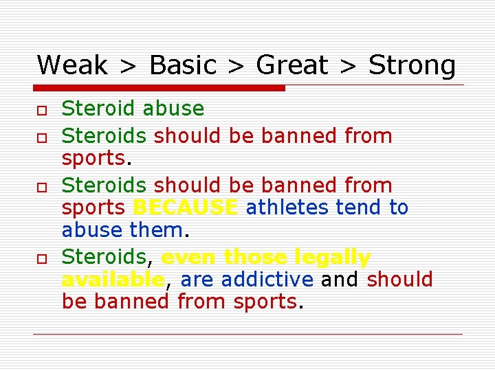 Weak > Basic > Great > Strong o o Steroid abuse Steroids should be