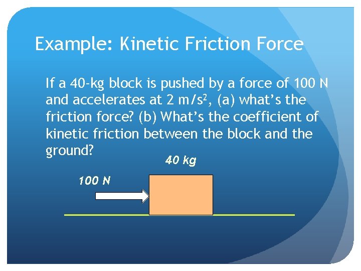 Example: Kinetic Friction Force If a 40 -kg block is pushed by a force