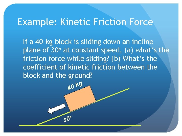 Example: Kinetic Friction Force If a 40 -kg block is sliding down an incline