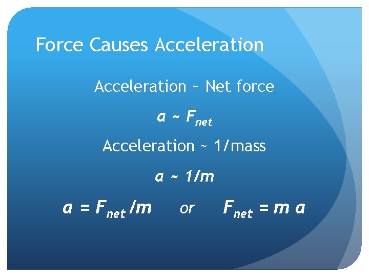 Force Causes Acceleration ~ Net force a ~ Fnet Acceleration ~ 1/mass a ~
