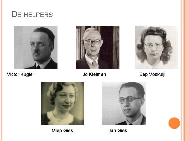 DE HELPERS Victor Kugler Jo Kleiman Miep Gies Bep Voskuijl Jan Gies DE HELPERS Victor Kugler Jo Kleiman Miep Gies Bep Voskuijl Jan Gies