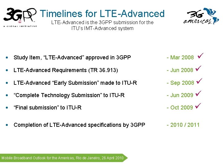 Timelines for LTE-Advanced is the 3 GPP submission for the ITU’s IMT-Advanced system • Timelines for LTE-Advanced is the 3 GPP submission for the ITU’s IMT-Advanced system •