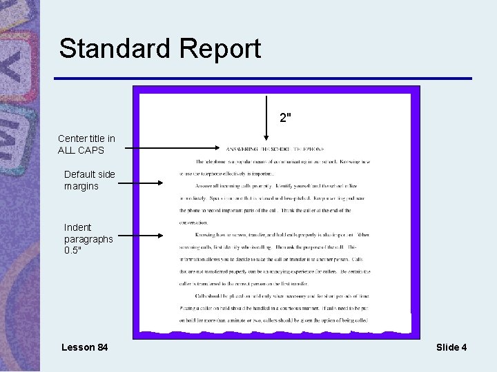 Standard Report 2" Center title in ALL CAPS Default side margins Indent paragraphs 0.