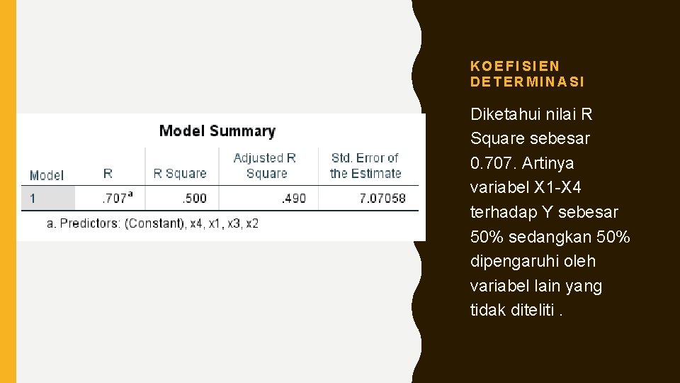 KOEFISIEN DETERMINASI Diketahui nilai R Square sebesar 0. 707. Artinya variabel X 1 -X