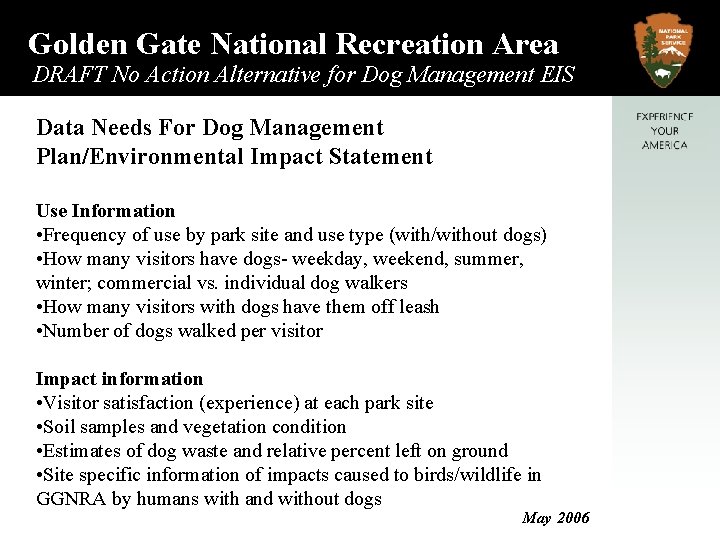 Golden Gate National Recreation Area DRAFT No Action Alternative for Dog Management EIS Data