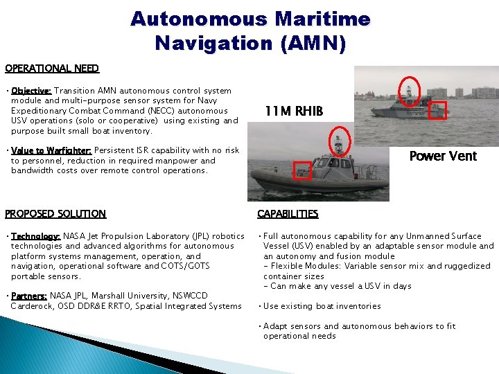 Autonomous Maritime Navigation (AMN) OPERATIONAL NEED • Objective: Transition AMN autonomous control system module