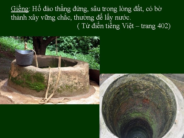 Giếng: Hố đào thẳng đứng, sâu trong lòng đất, có bờ thành xây vững Giếng: Hố đào thẳng đứng, sâu trong lòng đất, có bờ thành xây vững