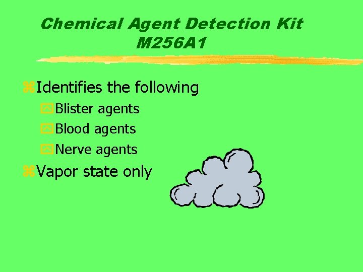 Chemical Agent Detection Kit M 256 A 1 z. Identifies the following y. Blister