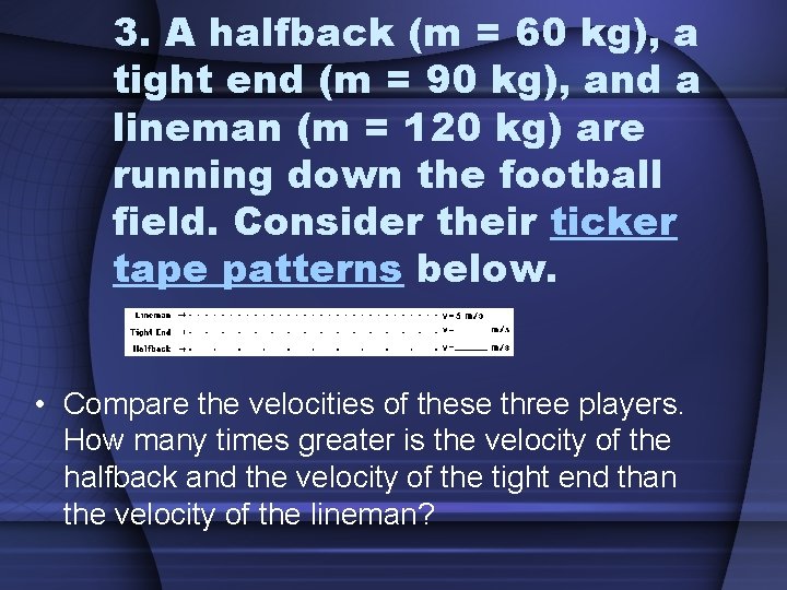 3. A halfback (m = 60 kg), a tight end (m = 90 kg),