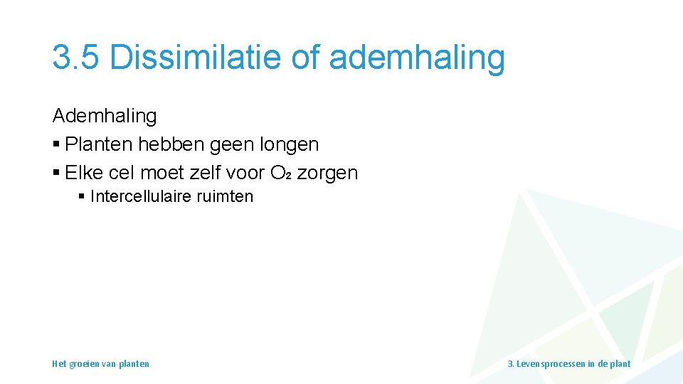 3. 5 Dissimilatie of ademhaling Ademhaling § Planten hebben geen longen § Elke cel