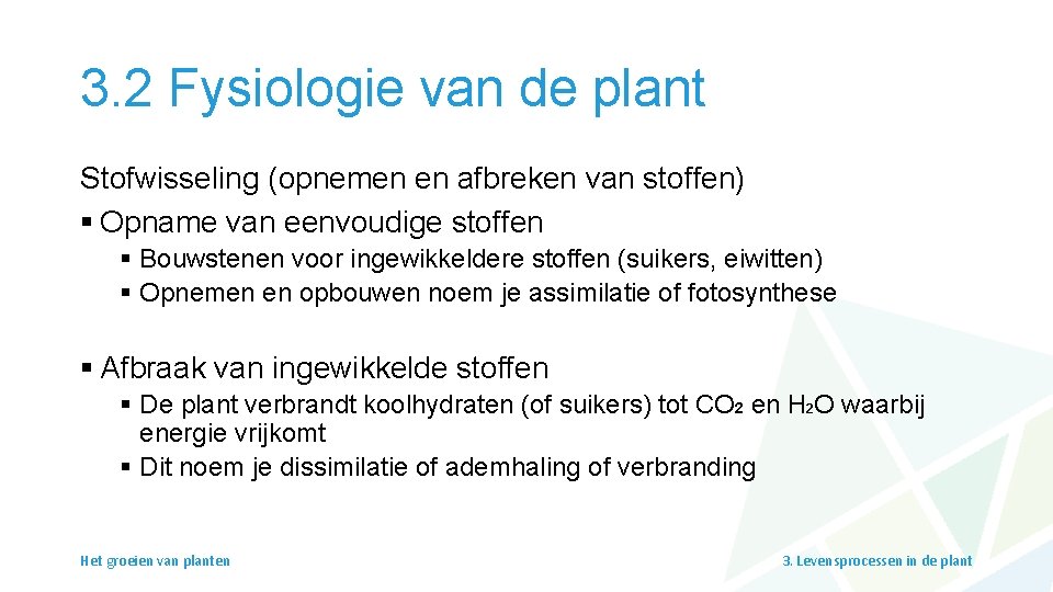 3. 2 Fysiologie van de plant Stofwisseling (opnemen en afbreken van stoffen) § Opname