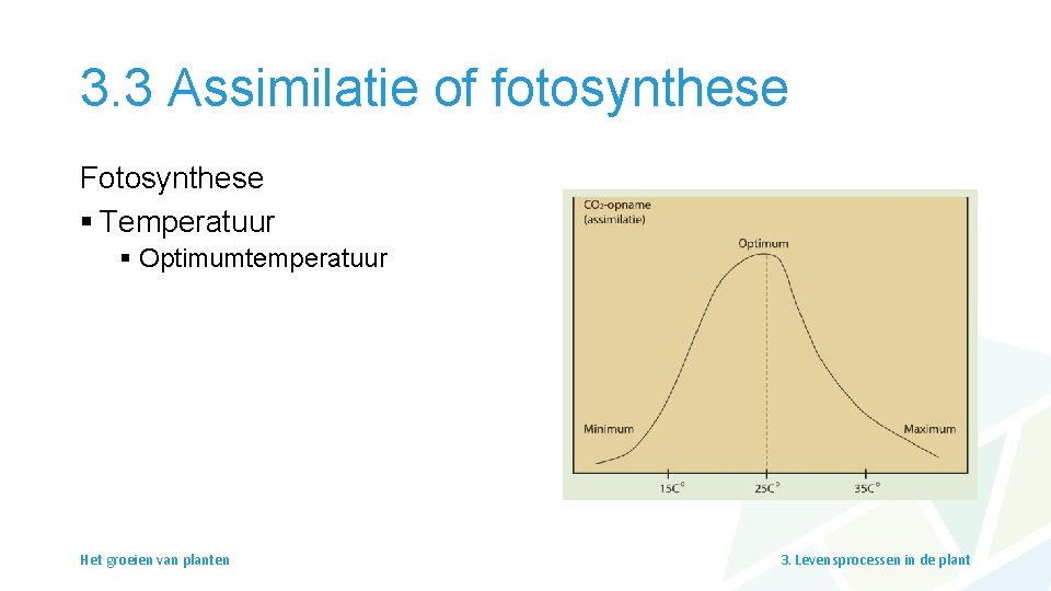 3. 3 Assimilatie of fotosynthese Fotosynthese § Temperatuur § Optimumtemperatuur Het groeien van planten