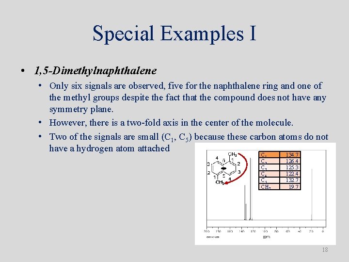 Special Examples I • 1, 5 -Dimethylnaphthalene • Only six signals are observed, five Special Examples I • 1, 5 -Dimethylnaphthalene • Only six signals are observed, five