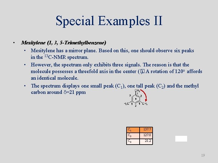 Special Examples II • Mesitylene (1, 3, 5 -Trimethylbenzene) • Mesitylene has a mirror Special Examples II • Mesitylene (1, 3, 5 -Trimethylbenzene) • Mesitylene has a mirror
