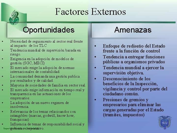 Factores Externos Oportunidades • • • Necesidad de seguimiento al sector real frente al