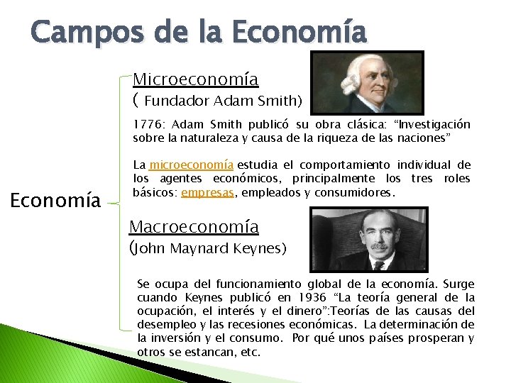 Campos de la Economía Microeconomía ( Fundador Adam Smith) 1776: Adam Smith publicó su
