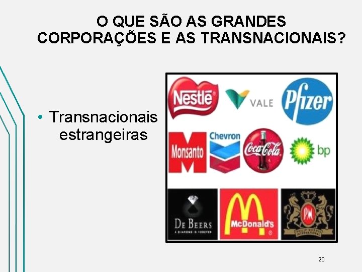 O QUE SÃO AS GRANDES CORPORAÇÕES E AS TRANSNACIONAIS? • Transnacionais estrangeiras ? 20