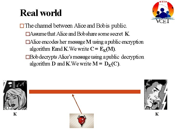 Real world �The channel between Alice and Bob is public. �Assume that Alice and