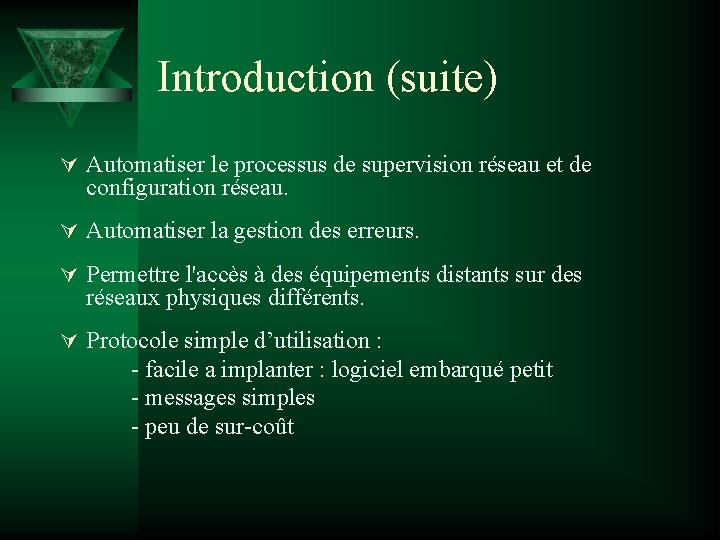 Introduction (suite) Ú Automatiser le processus de supervision réseau et de configuration réseau. Ú