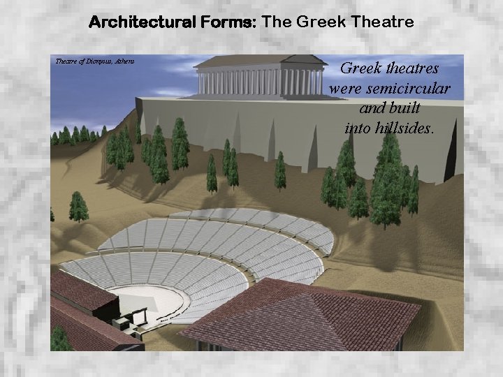 Architectural Forms: The Greek Theatre of Dionysus, Athens Greek theatres were semicircular and built