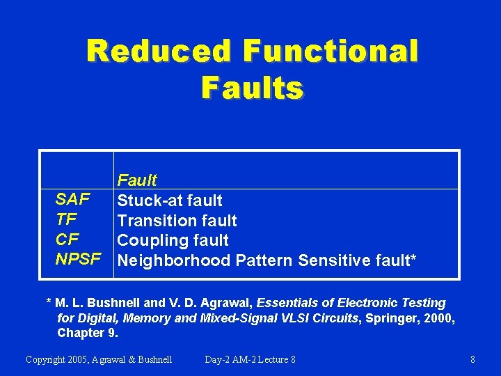 Reduced Functional Faults SAF TF CF NPSF Fault Stuck-at fault Transition fault Coupling fault