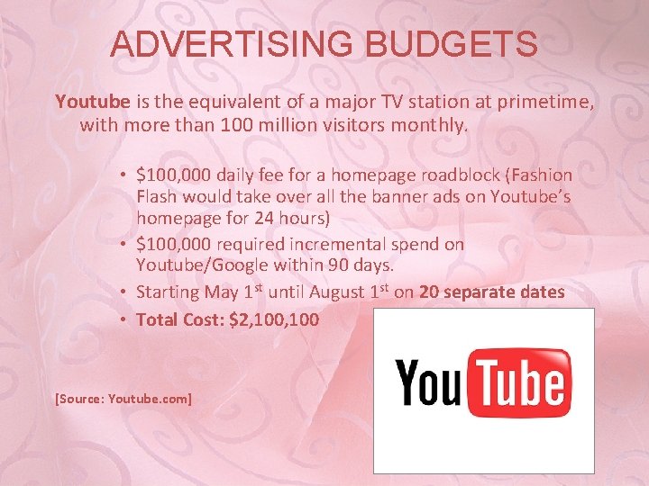 ADVERTISING BUDGETS Youtube is the equivalent of a major TV station at primetime, with