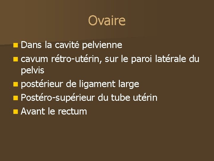 Ovaire n Dans la cavité pelvienne n cavum rétro-utérin, sur le paroi latérale du