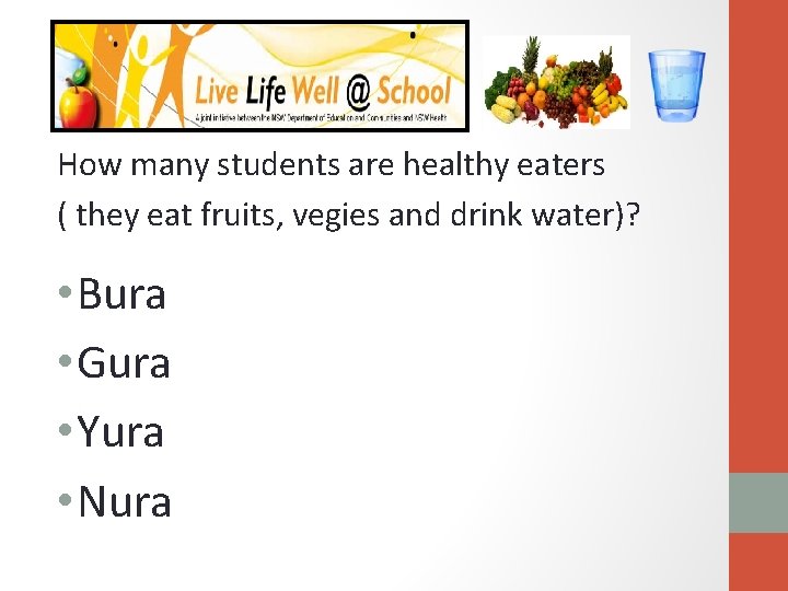 How many students are healthy eaters ( they eat fruits, vegies and drink water)?