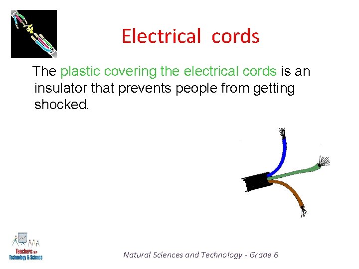 Electrical cords The plastic covering the electrical cords is an insulator that prevents people