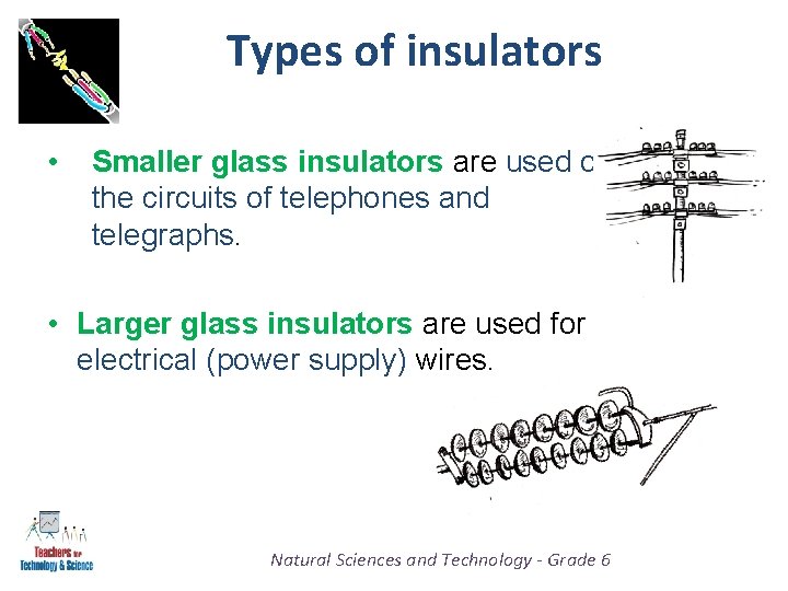 Types of insulators • Smaller glass insulators are used on the circuits of telephones