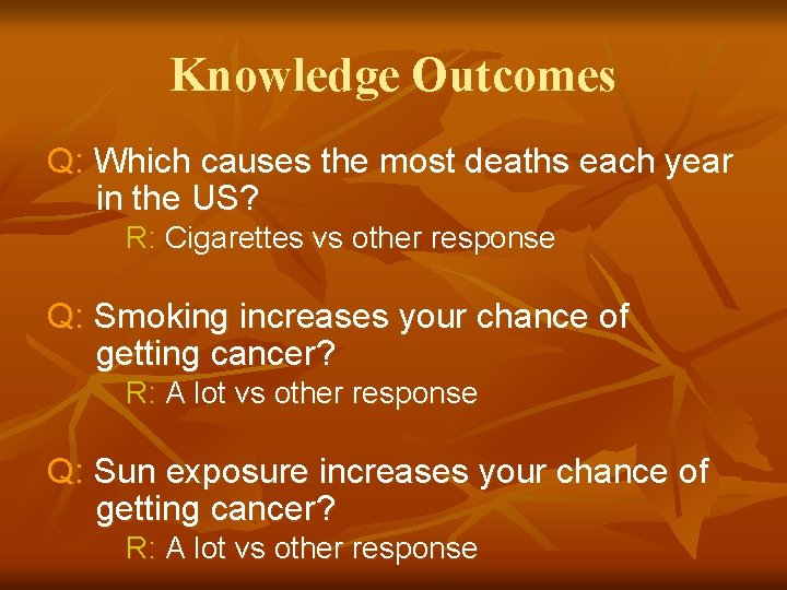 Knowledge Outcomes Q: Which causes the most deaths each year in the US? R: