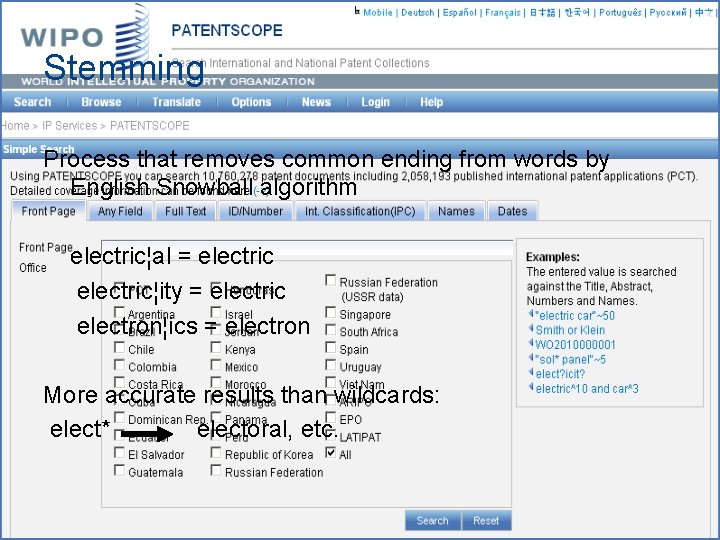 Stemming Process that removes common ending from words by English Snowball algorithm electric¦al =