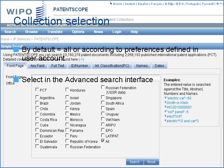 Collection selection By default = all or according to preferences defined in user account