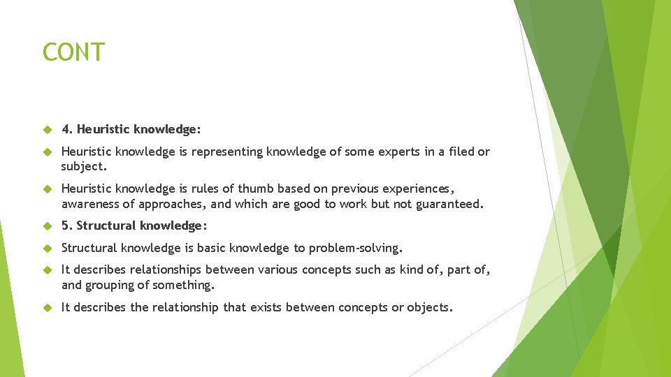CONT 4. Heuristic knowledge: Heuristic knowledge is representing knowledge of some experts in a