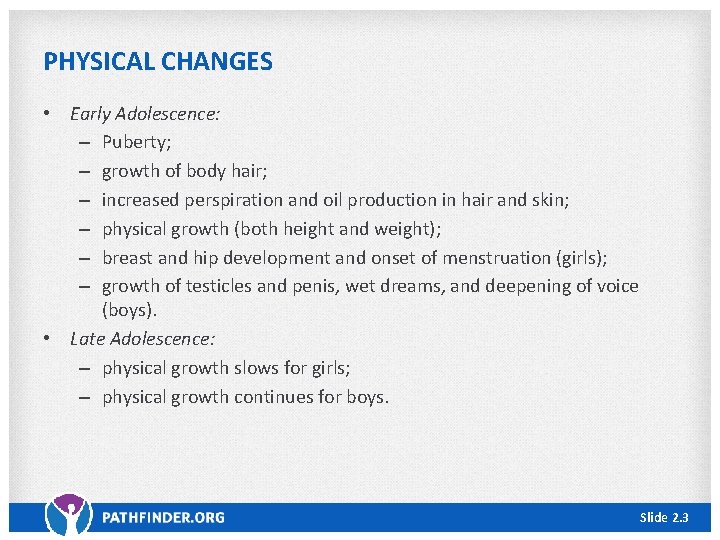 PHYSICAL CHANGES • Early Adolescence: – Puberty; – growth of body hair; – increased