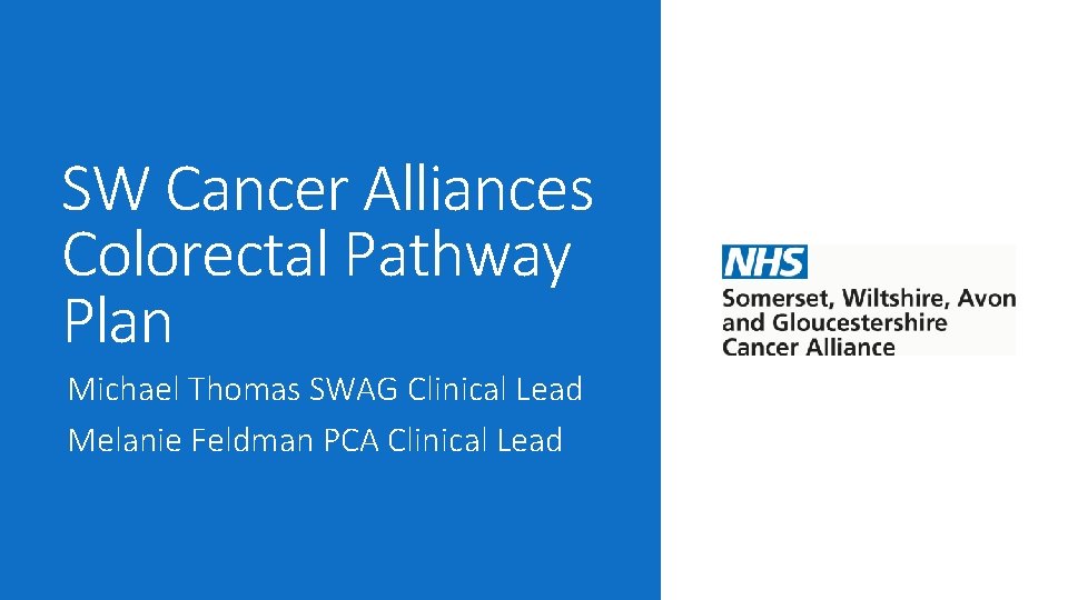 SW Cancer Alliances Colorectal Pathway Plan Michael Thomas SWAG Clinical Lead Melanie Feldman PCA