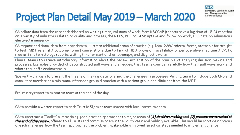 Project Plan Detail May 2019 – March 2020 CA collate data from the cancer