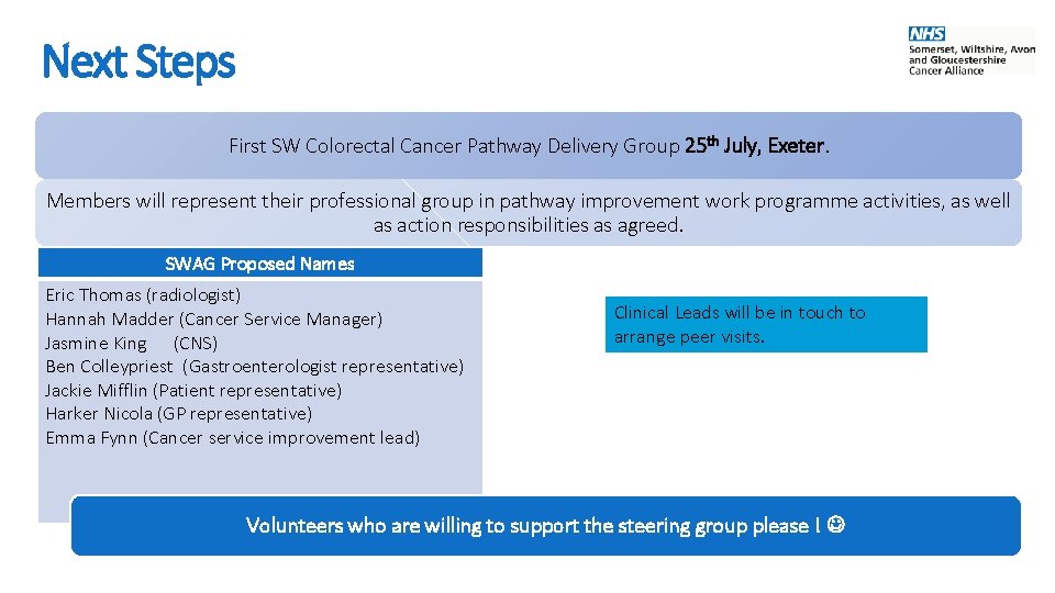 Next Steps First SW Colorectal Cancer Pathway Delivery Group 25 th July, Exeter. Members