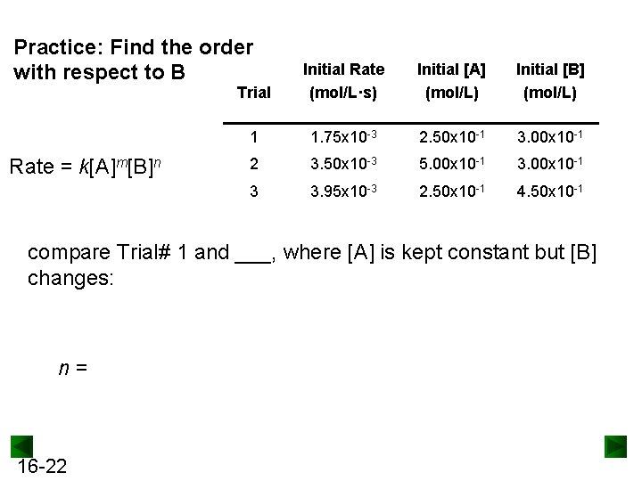 Practice: Find the order with respect to B Rate = k[A]m[B]n Trial Initial Rate