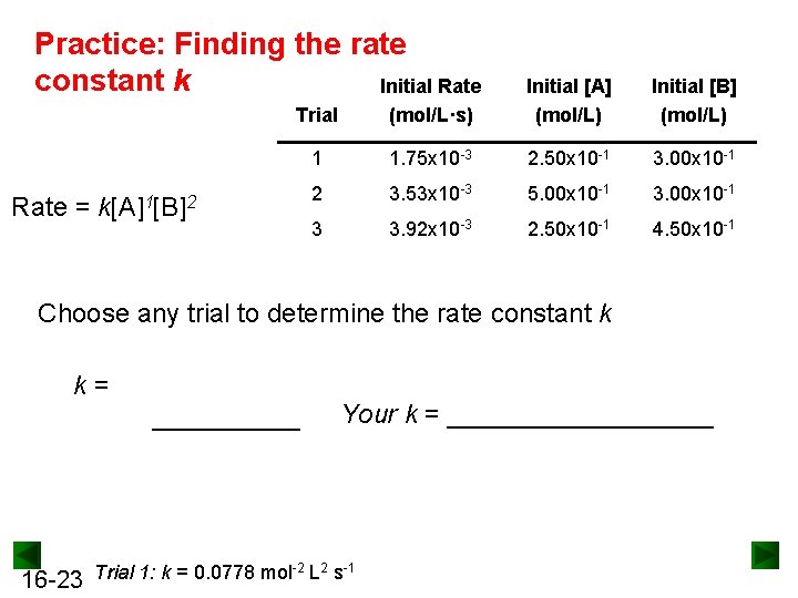 Practice: Finding the rate constant k Initial Rate = Trial (mol/L·s) Initial [A] (mol/L)