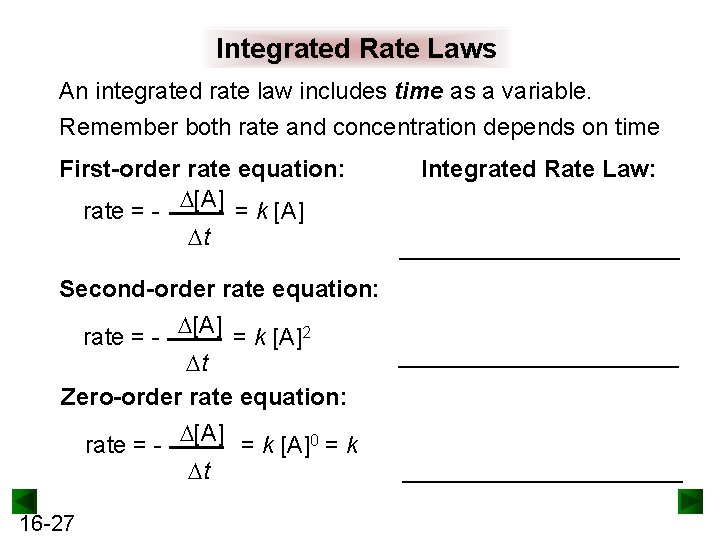 Integrated Rate Laws An integrated rate law includes time as a variable. Remember both