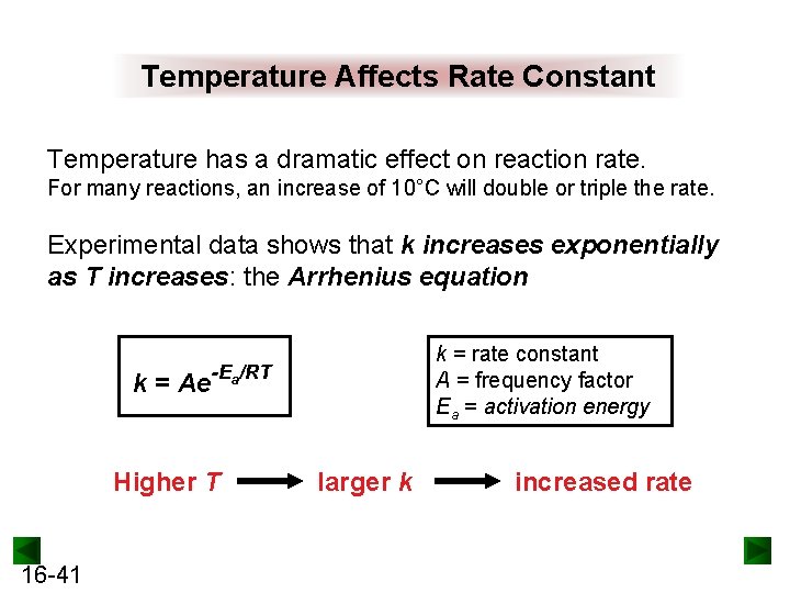 Temperature Affects Rate Constant Temperature has a dramatic effect on reaction rate. For many